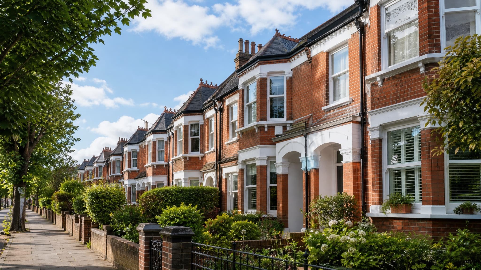 A red-brick Victorian terraced street in the sunshine